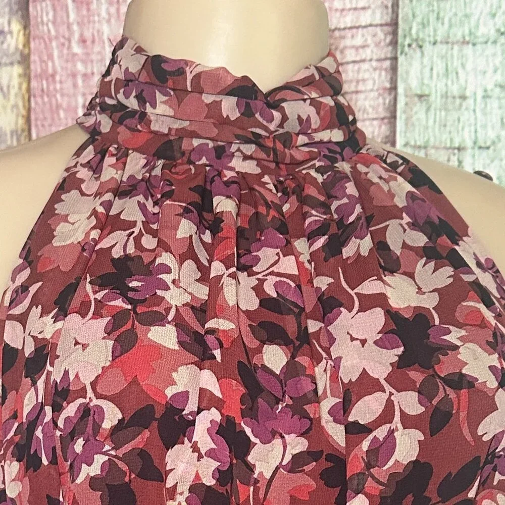 Just Taylor High Neck Ruffled Skirt Burgundy Floral Print Womens Size 6 Dress - Picture 4 of 10